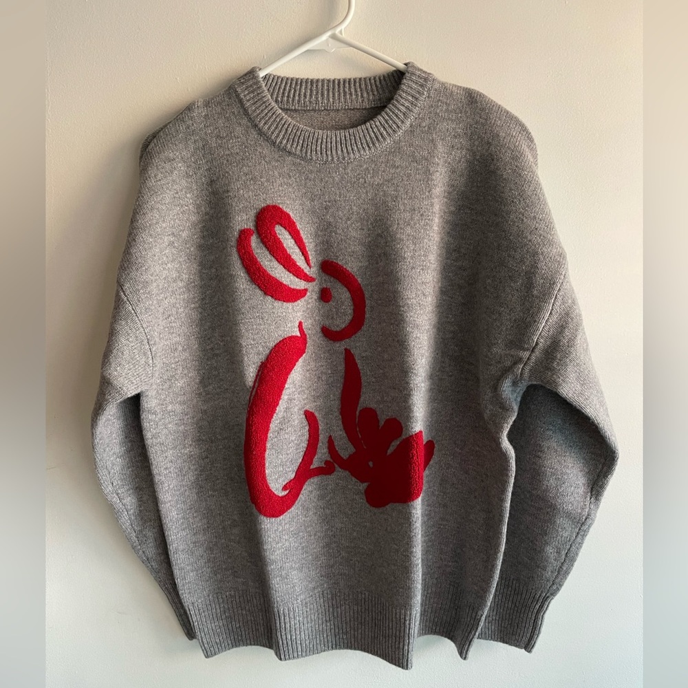 Grey sweater with two rabbits on front - crew neck